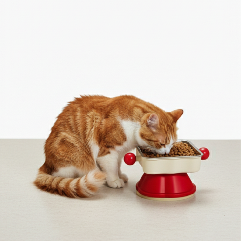 Cat eating from a red and white elevated food bowl on a light background