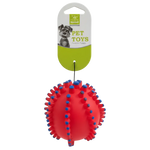 Red and blue spiky ball pet toy with a Hartz label on a white background
