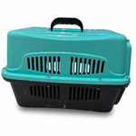 Turquoise and black pet carrier on a white background