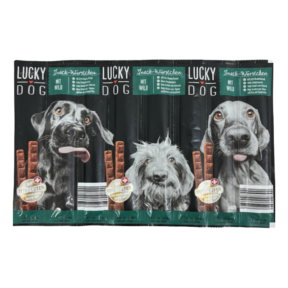 Packaging of Lucky Dog snack sticks with images of dogs on a black background