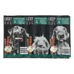 Packaging of Lucky Dog snack sticks with images of dogs on a black background