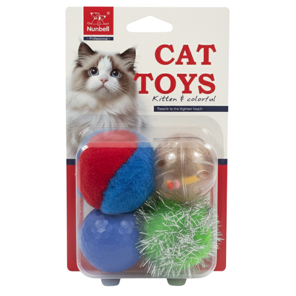 Cat toys in packaging with a cat on the label