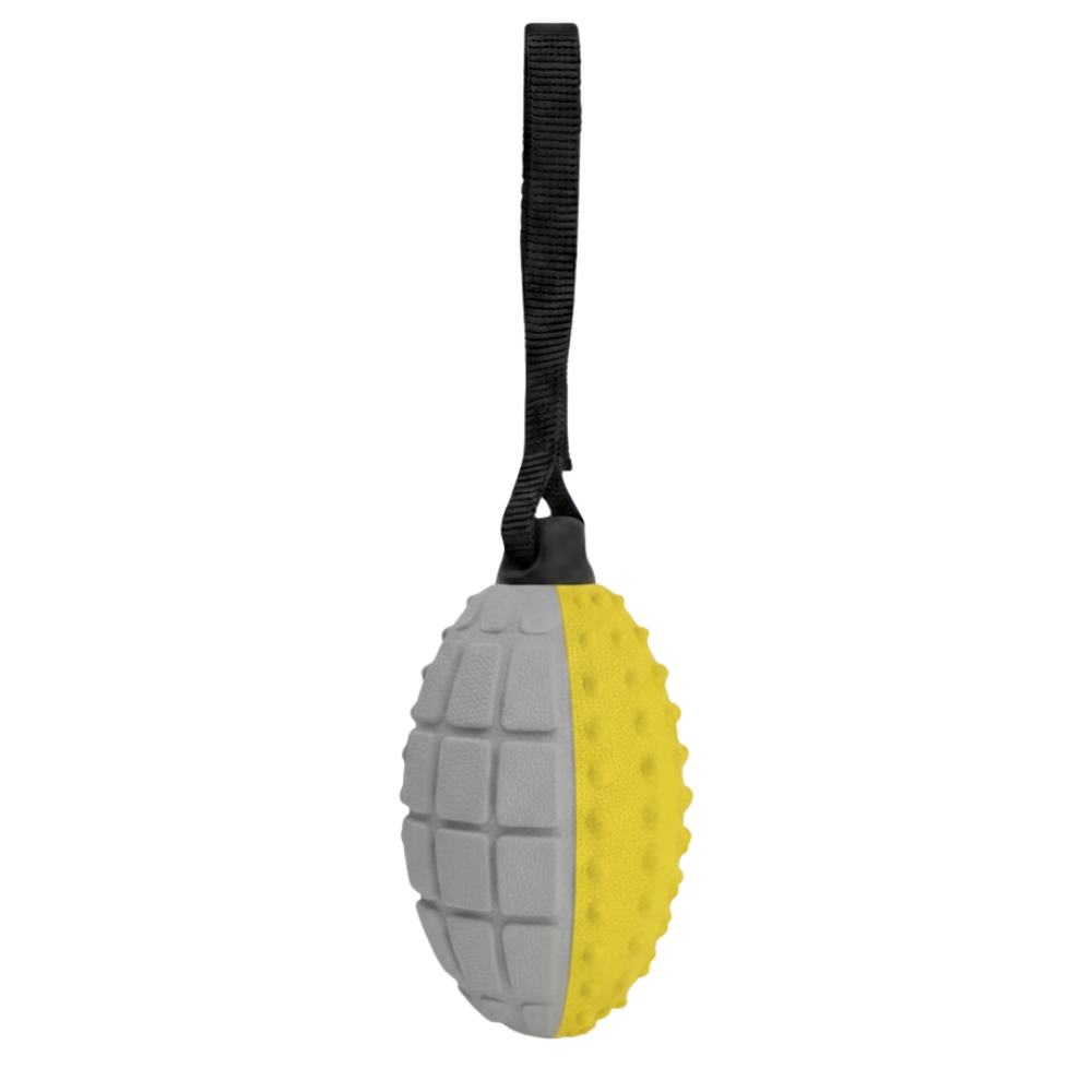 Dog toy shaped like a grenade with gray and yellow colors on a white background