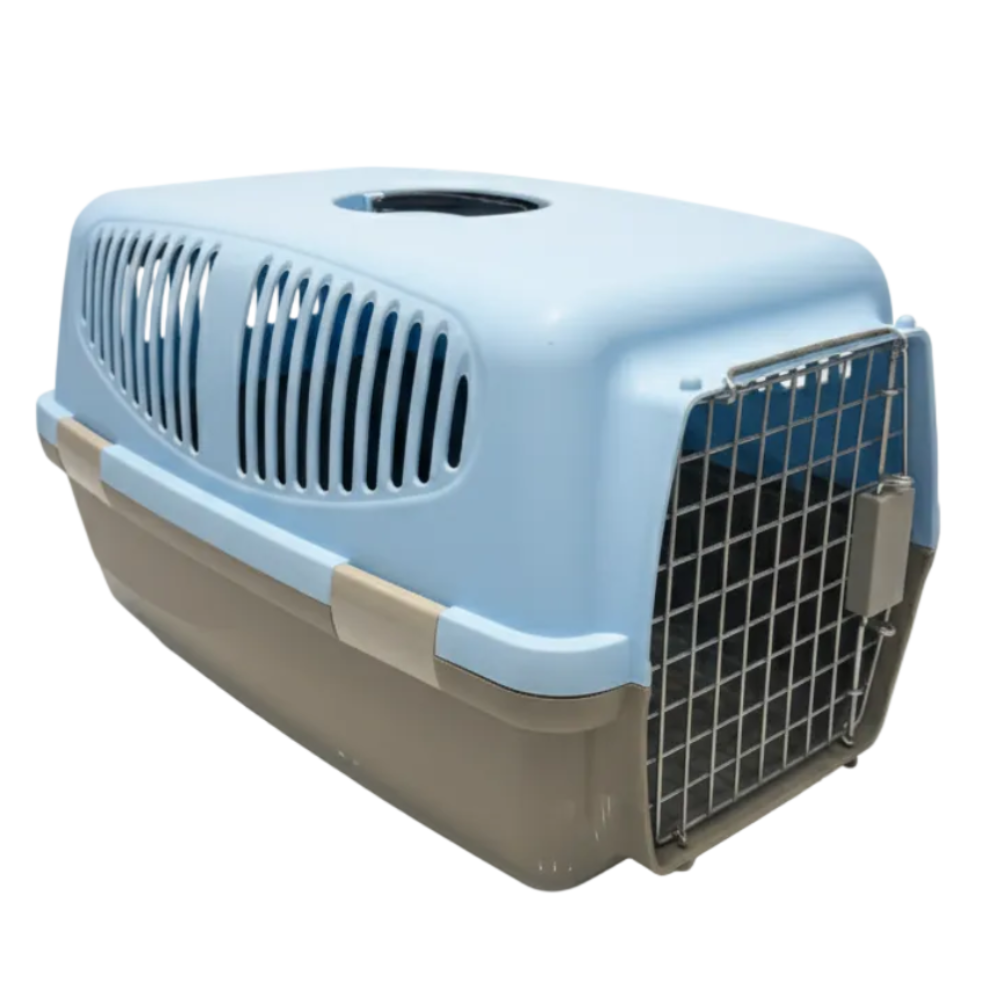 Pet carrier with a blue top and brown bottom on a white background