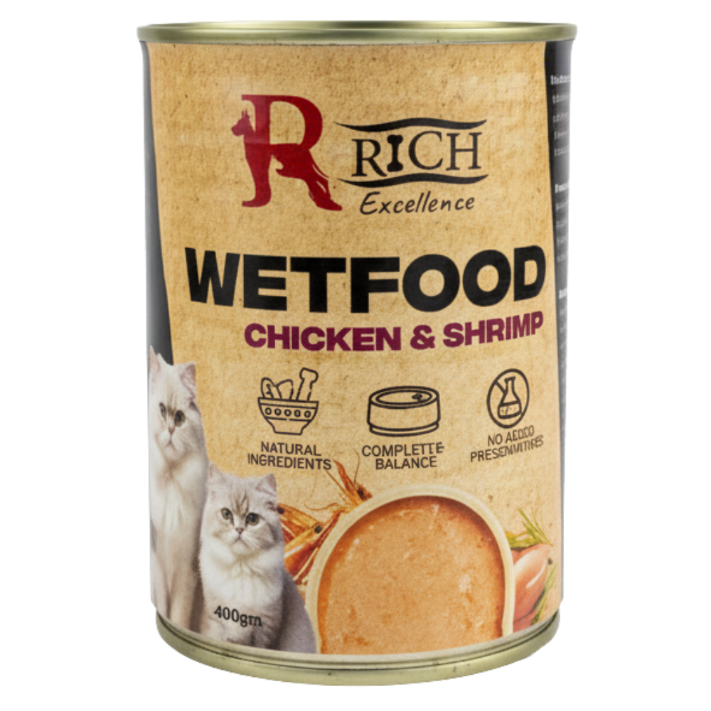 Can of Rich Excellence Wetfood Chicken & Shrimp for cats on a white background