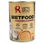Can of Rich Excellence Wetfood Chicken & Shrimp for cats on a white background