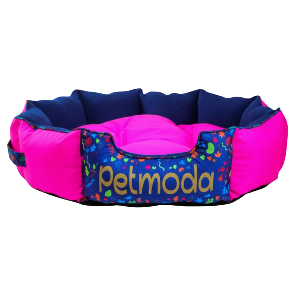 Pink and blue pet bed with 'petmoda' branding on a white background
