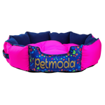 Pink and blue pet bed with 'petmoda' branding on a white background
