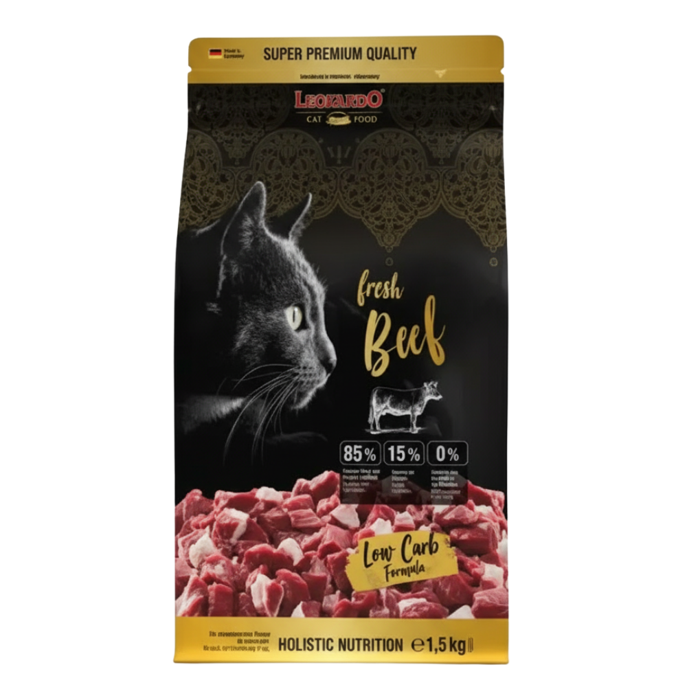 Cat food package with a black cat illustration and beef text on a dark background