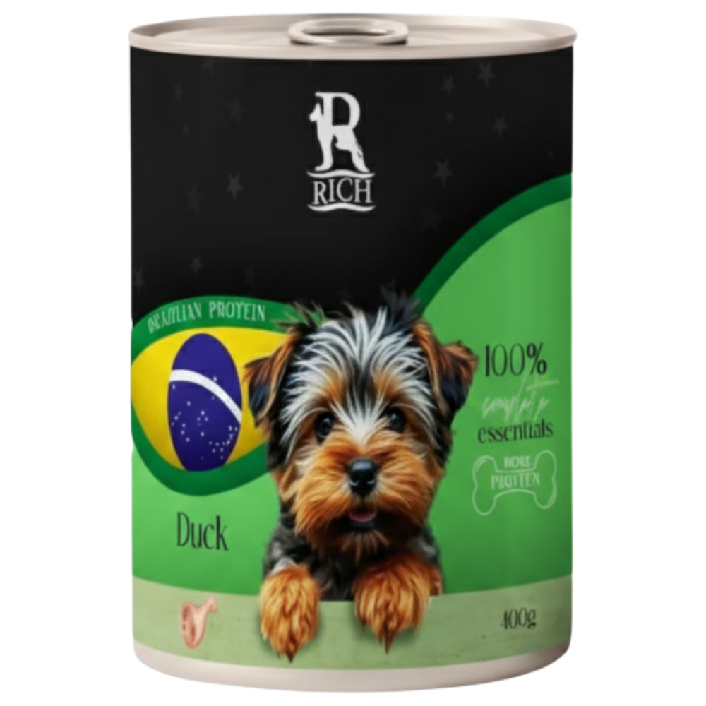 Dog food can with a label featuring a dog and text on a green and black background