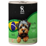 Dog food can with a label featuring a dog and text on a green and black background