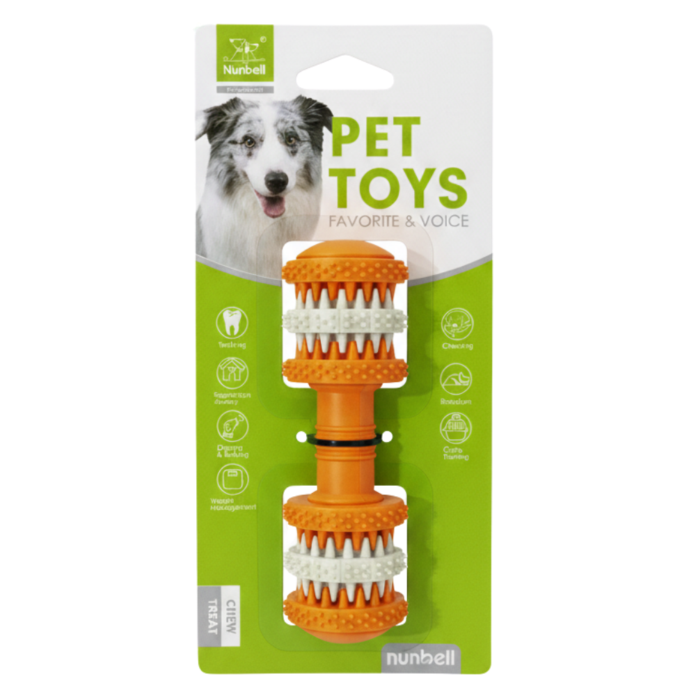 Dog toy with orange and white design on a green and white packaging, featuring Nunbell branding.