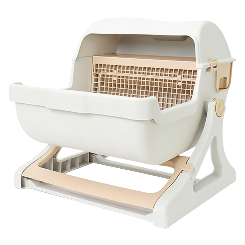 White and beige pet litter box with grid design on a white background