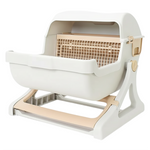 White and beige pet litter box with grid design on a white background