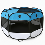 Blue and black pet playpen on a white background