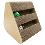 Triangular cardboard scratcher with two balls on a white background