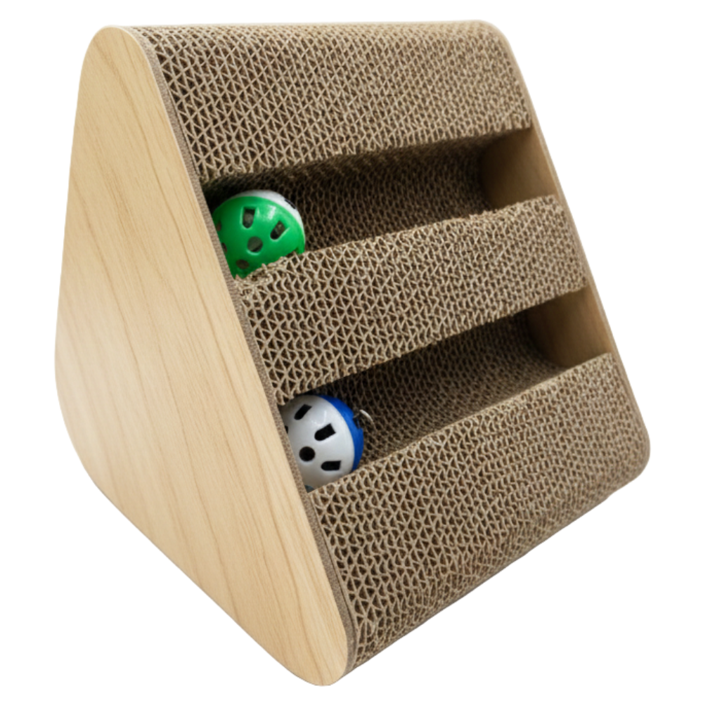 Triangular cardboard scratcher with two balls on a white background
