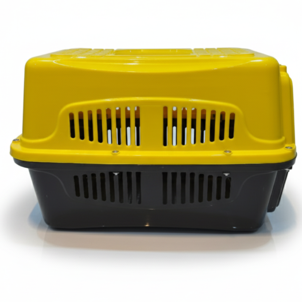 Yellow and black pet carrier on a white background