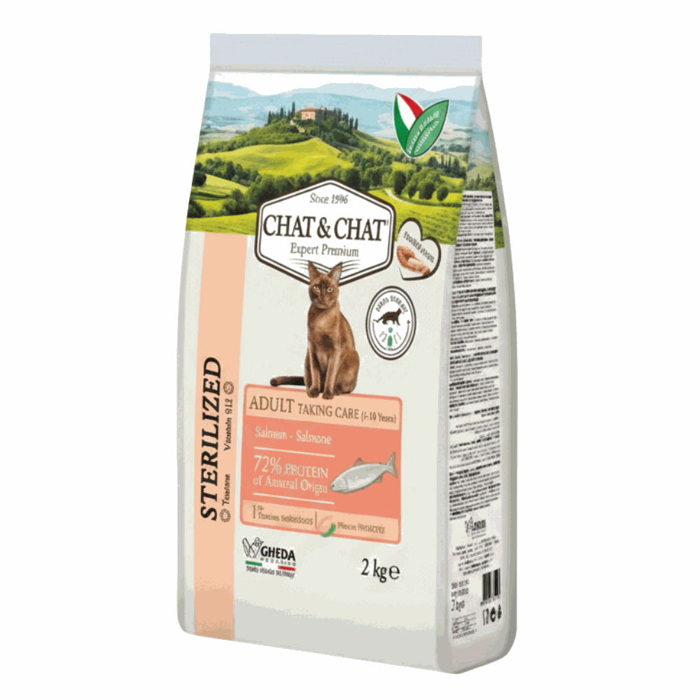 Cat food package with scenic design and text on a white background