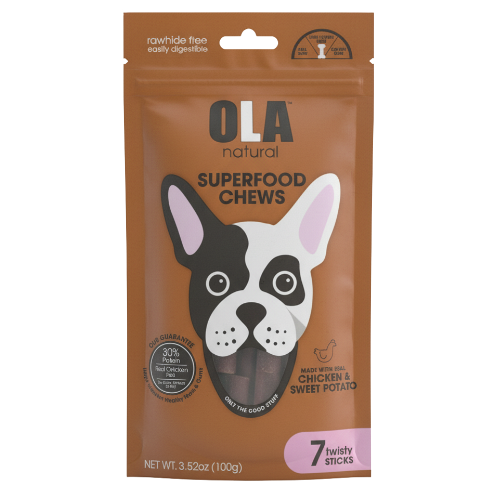 Package of OLA natural Superfood Chews for dogs with a dog illustration on a brown background.