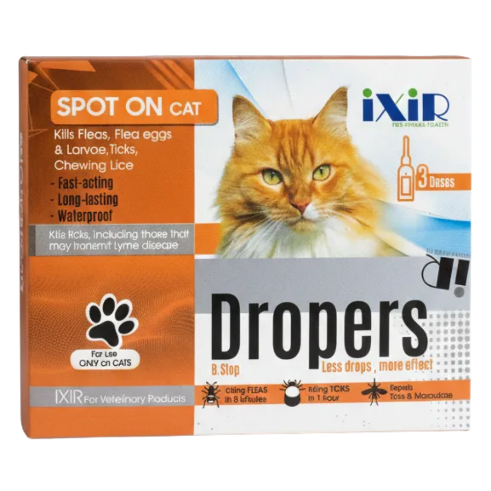 Box of Ixir Dropers for cats on a white background