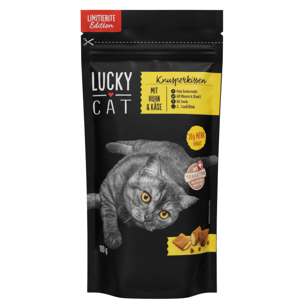 Lucky Cat cat food package with a black background