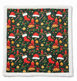 Christmas-themed pot holder with stockings, presents, and candy canes on a green background.