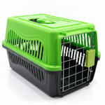 Green and black pet carrier on a white background