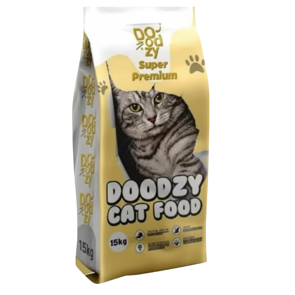 Doodzy cat food packaging with a cat on it