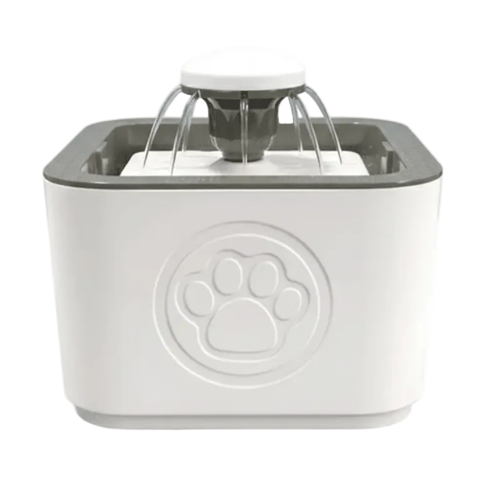 Pet water fountain with a paw design on a white background
