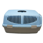 Pet carrier with blue top and brown bottom on a white background