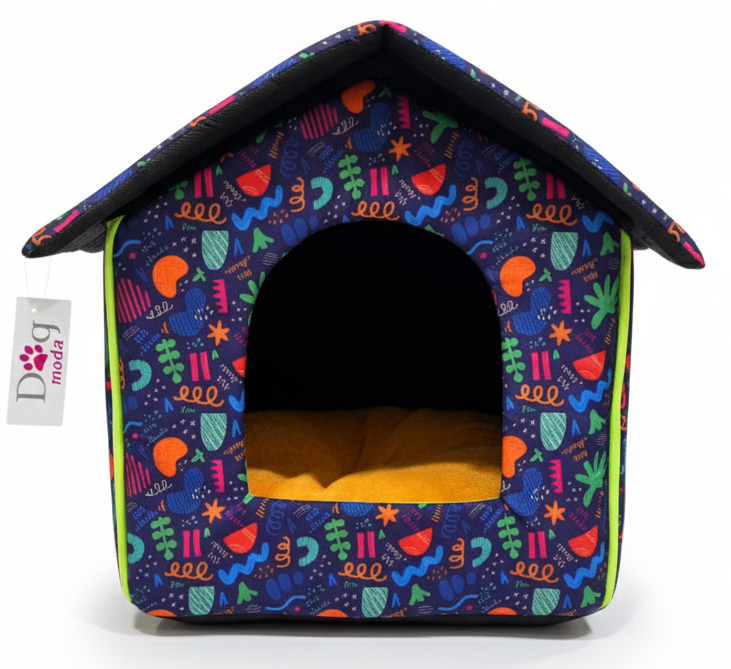 Colorful pet house with a pattern on a white background