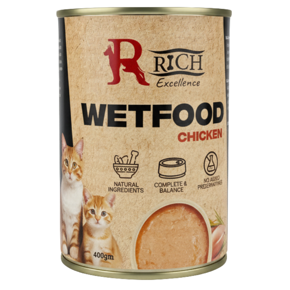 Can of Rich Excellence Wetfood Chicken for cats on a white background
