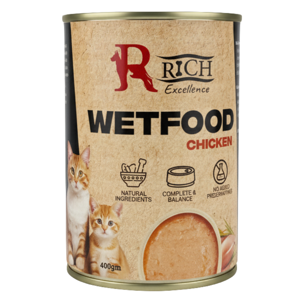 Can of Rich Excellence Wetfood Chicken for cats on a white background