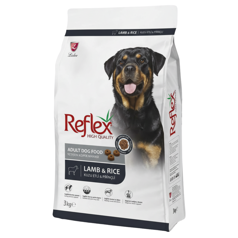 Dog food package with a Rottweiler on the label, featuring Reflex branding.