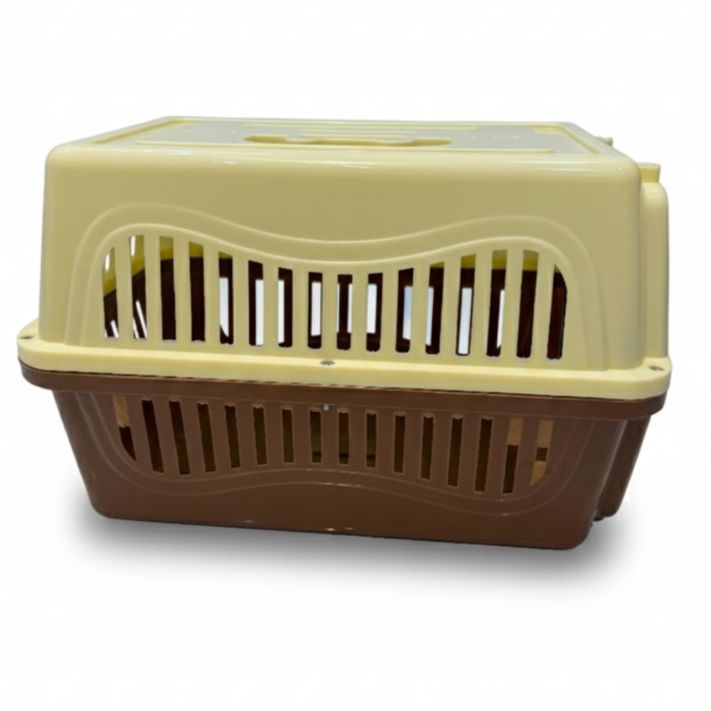 Pet carrier with beige top and brown bottom on a white background