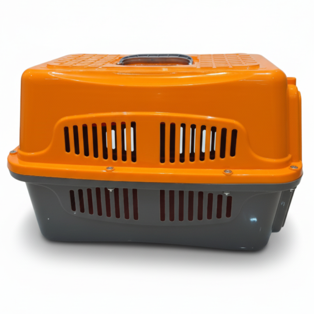 Pet carrier with orange top and gray bottom on a white background