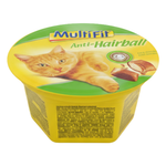 Multifit Anti-Hairball cat product packaging with a cat illustration on a white background
