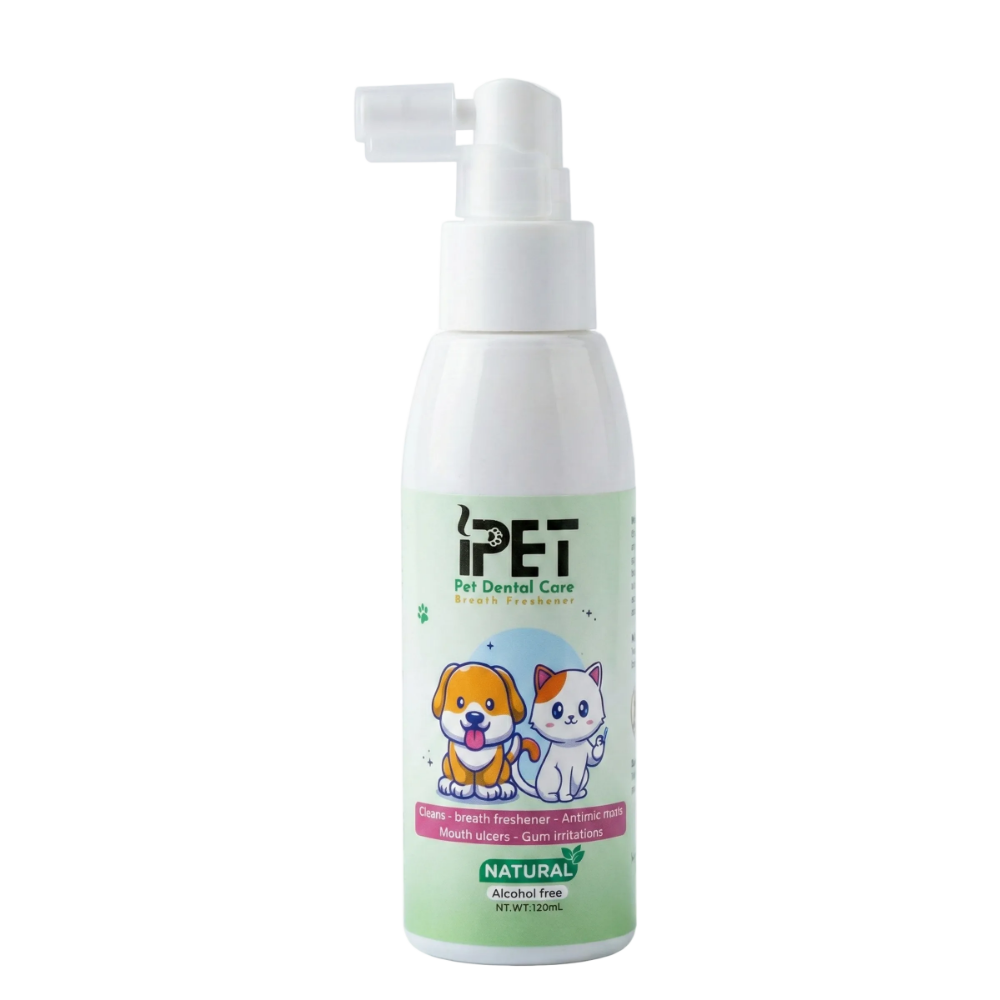 Pet dental care spray bottle with cartoon dog and cat design on a white background