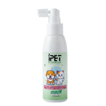 Pet dental care spray bottle with cartoon dog and cat design on a white background