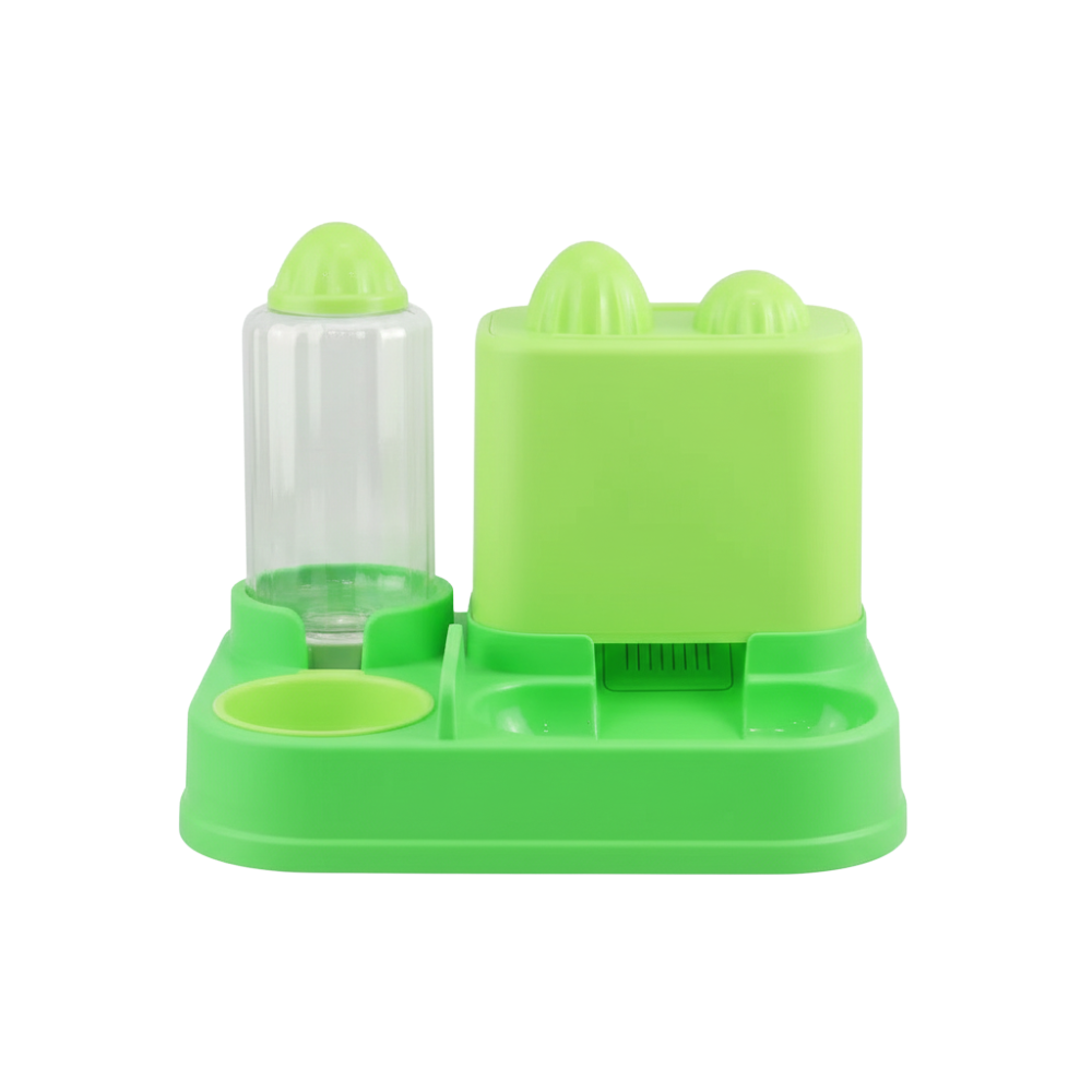 Green pet feeder with a transparent water bottle on a white background
