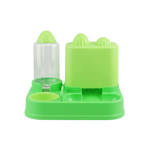 Green pet feeder with a transparent water bottle on a white background
