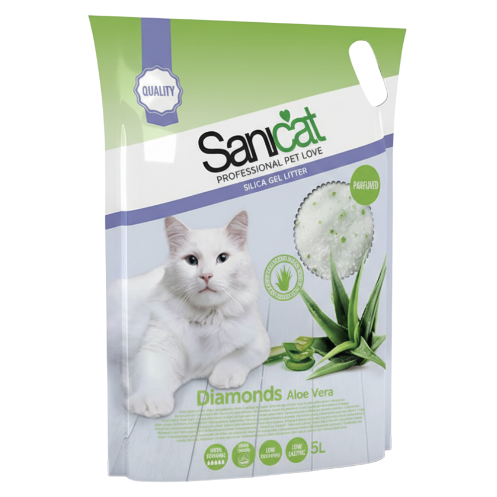 Sanicat cat litter packaging with a white cat on a green and white background