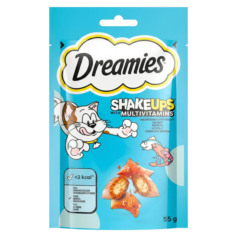 Dreamies Shakeups with Multivitamins cat treat packaging on a white background