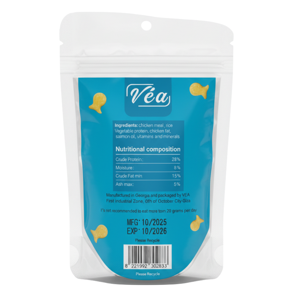 Vea pet food packaging with blue label on a white background