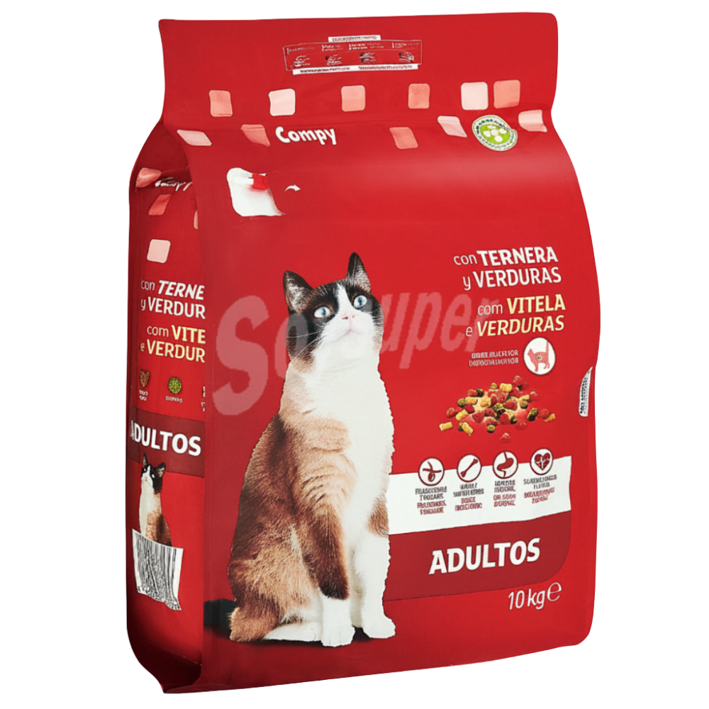 Red bag of cat food with a cat on the label on a white background