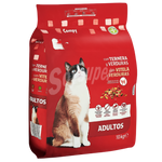 Red bag of cat food with a cat on the label on a white background