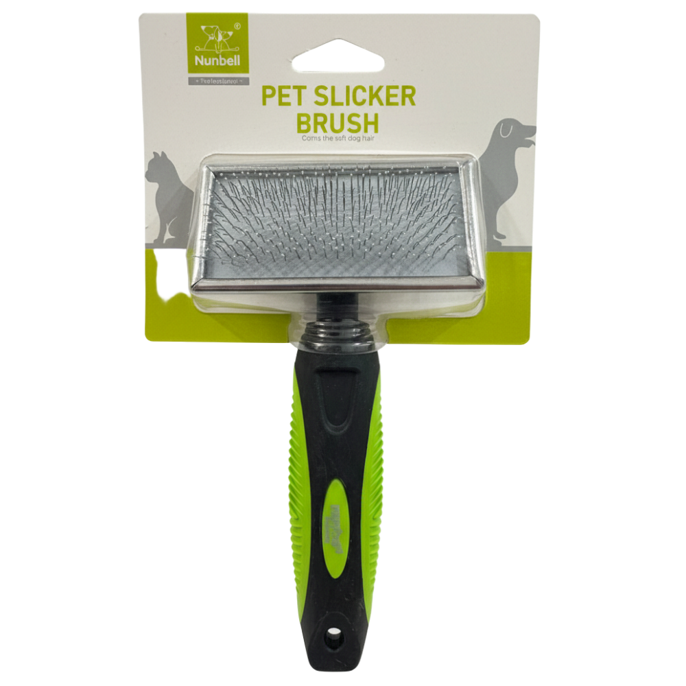 Pet slicker brush with green handle on a white background