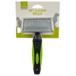 Pet slicker brush with green handle on a white background