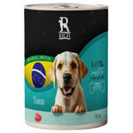 Dog food can with a label featuring a dog and text about tuna and Brazilian protein.